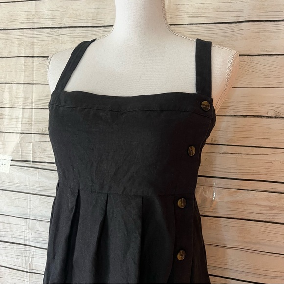 Iris & Ink Ariel 100% Linen Black Midi Dress Square Neck Side Buttons Size 10 - Picture 11 of 15